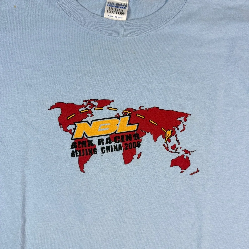 Vintage Mens Large T-Shirt NBL BMX Racing Beijing China 2008 Light Blue Graphic